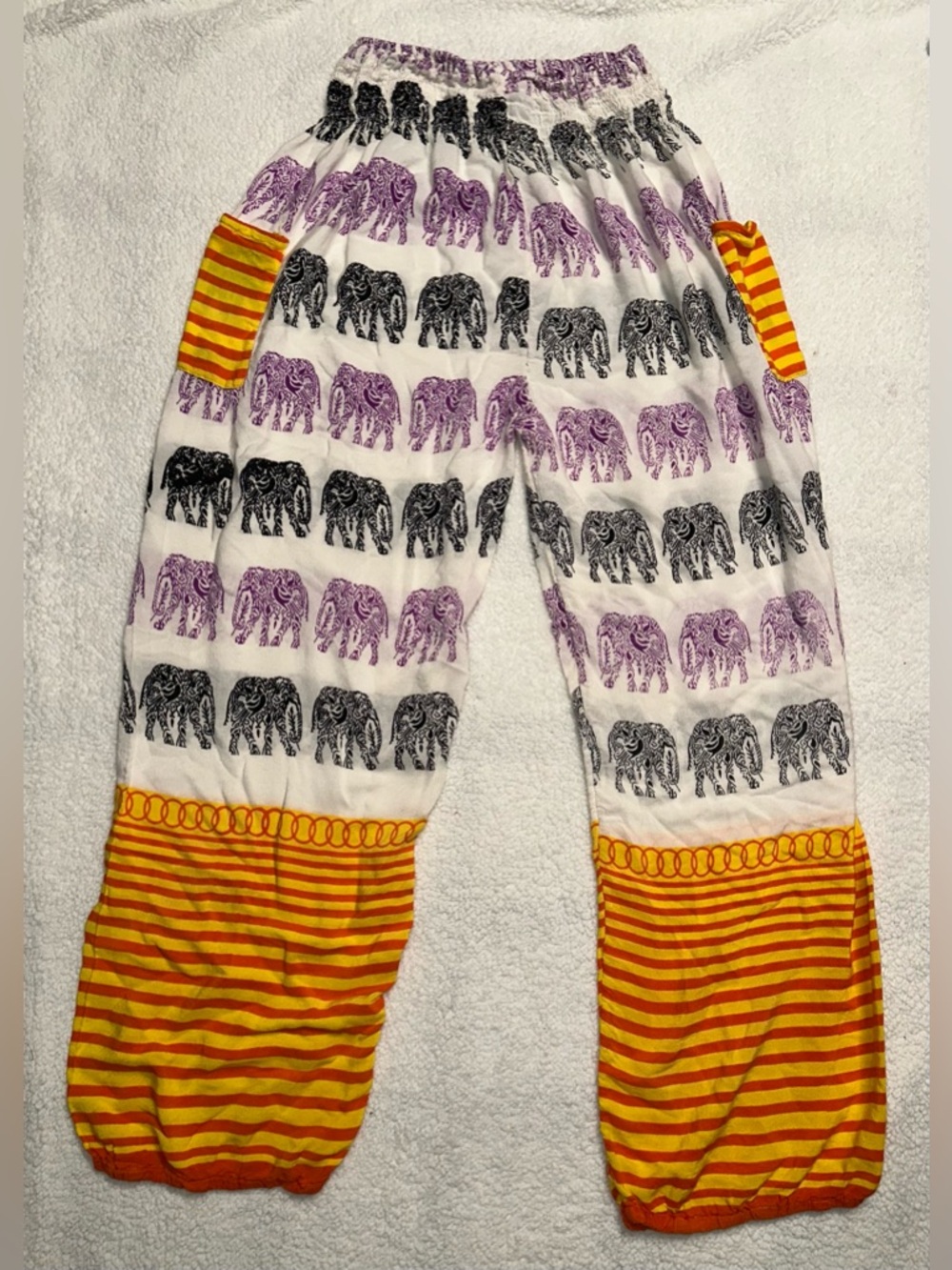 Custom Elephant Print Pajama Pants with Yellow-Orange Stripe Accents